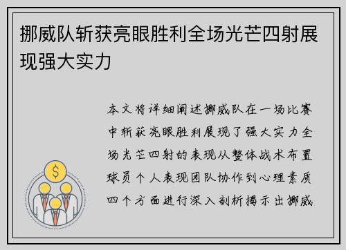挪威队斩获亮眼胜利全场光芒四射展现强大实力