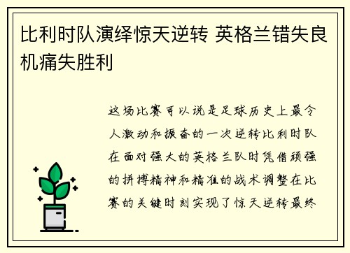 比利时队演绎惊天逆转 英格兰错失良机痛失胜利