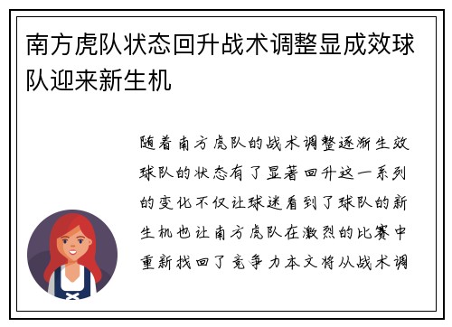 南方虎队状态回升战术调整显成效球队迎来新生机