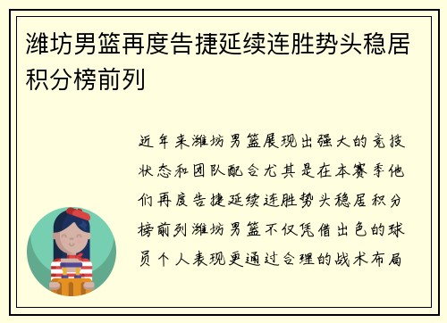 潍坊男篮再度告捷延续连胜势头稳居积分榜前列