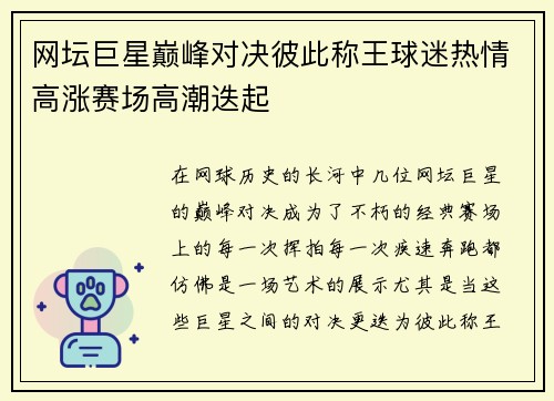 网坛巨星巅峰对决彼此称王球迷热情高涨赛场高潮迭起