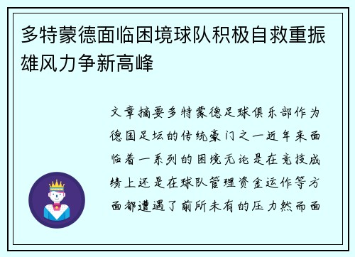 多特蒙德面临困境球队积极自救重振雄风力争新高峰